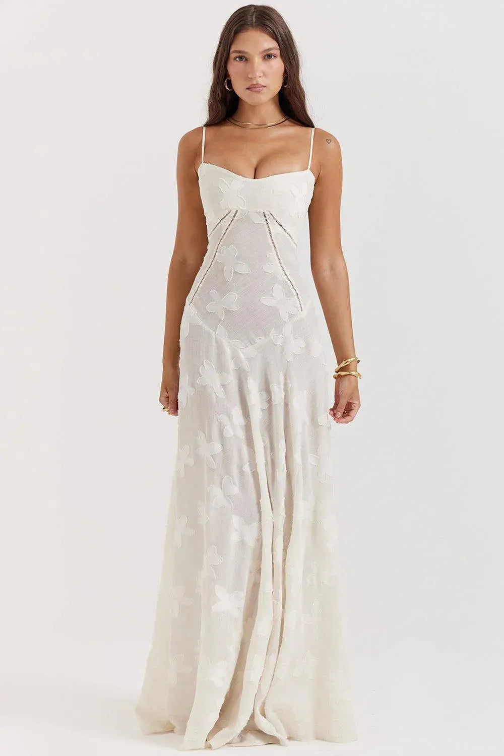 Vestido Largo Semitransparente Floral Blanco – Modelo Mavie